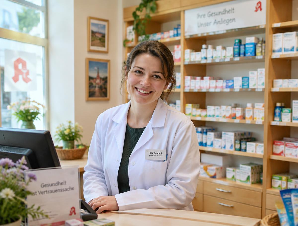 PTA am Handverkaufstisch einer inhabergeführten Apotheke