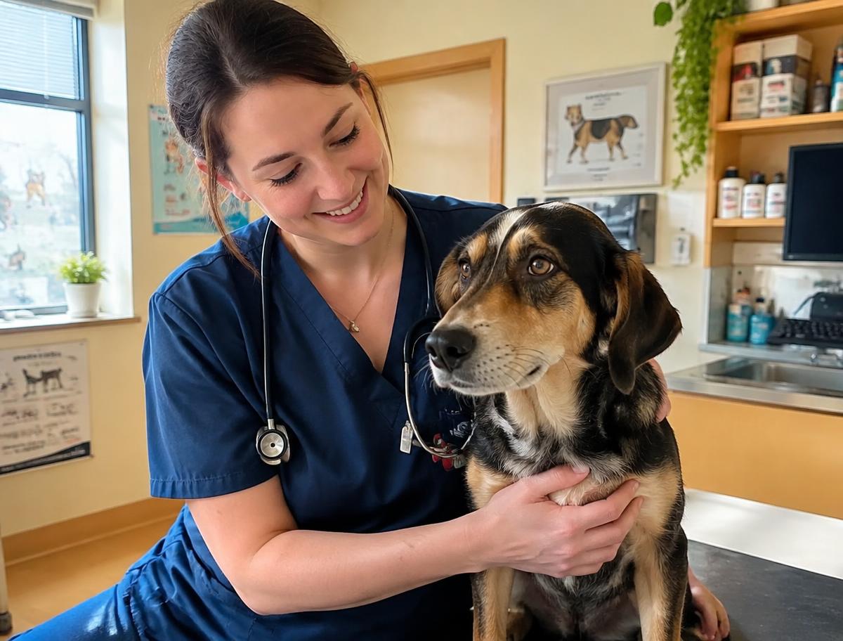 Tiermedizinische Fachangestellte mit einem Hund in der Praxis